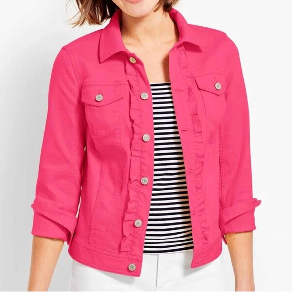 Talbots Classic Denim Jacket w/ Ruffle Front - hot pink, SP